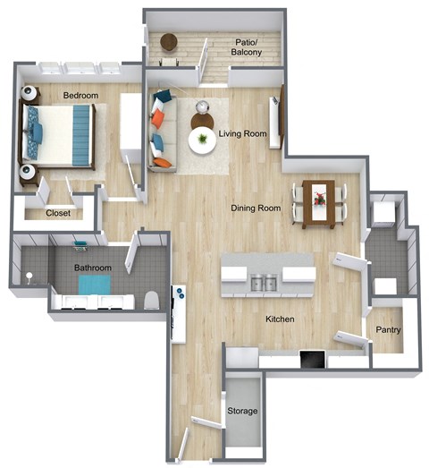 Floor plan for 1 bed, 1 bath, 900 sqft